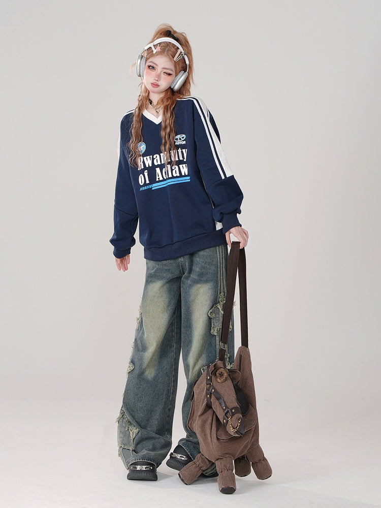Patchwork Jeans Wide-Leg Distressed Star Blue Vintage - Detail