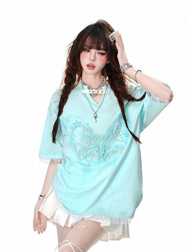 Mint Green/Black/White V-Neck Heart Buckle Bead Details Lace Trim T-shirt