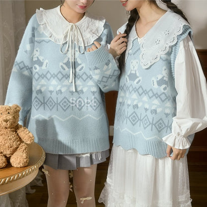 Blue Teddy Bears Pattern Scalloped Edge Trim Vest