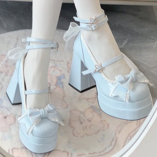 Sweet Blue Lolita Bow Polished Heels Top Platform 11CM at High