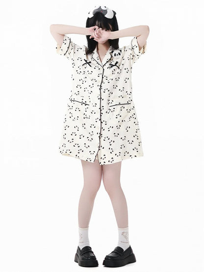 Panda Allover Panda Print Shirt Dress Scalloped Edge Collar Pajamas Beige Plushie