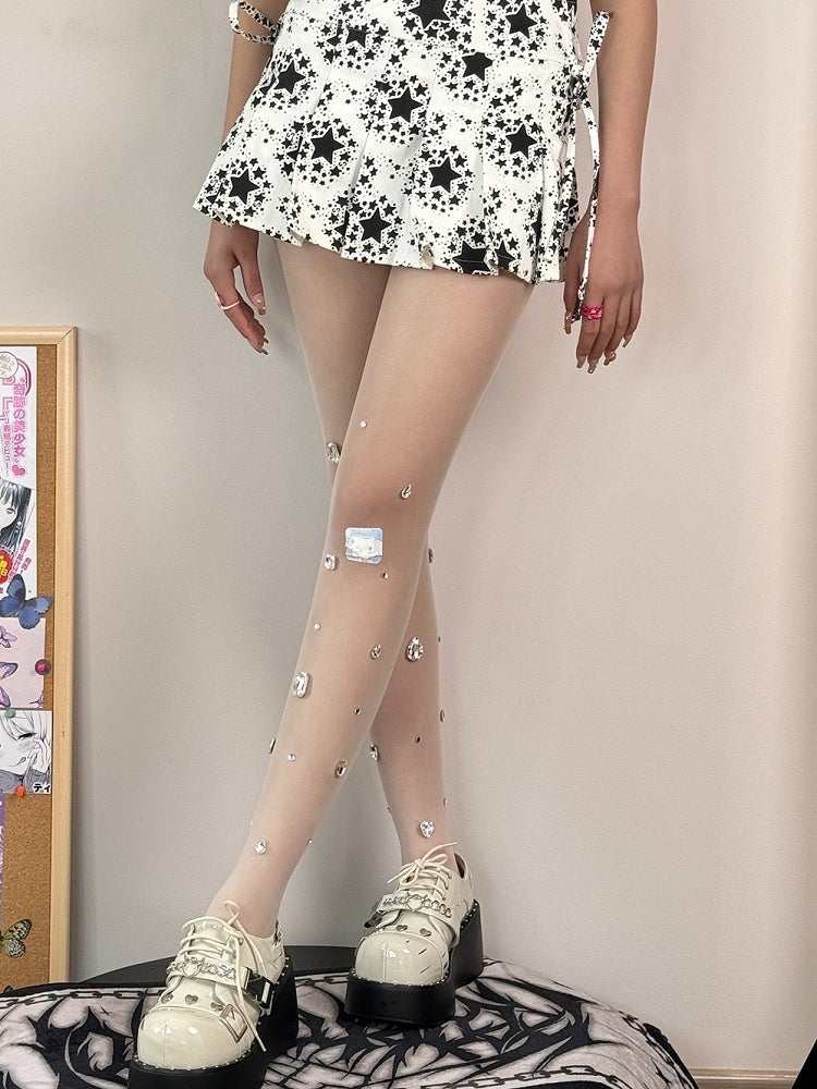 Nude/Weiße Y2K Strumpfhose mit Strassverzierung