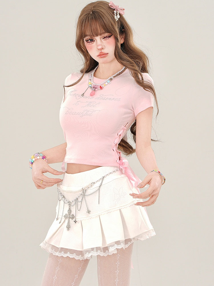 Pink/Black Rhinestone Letters Lace-up Detail Crop Top