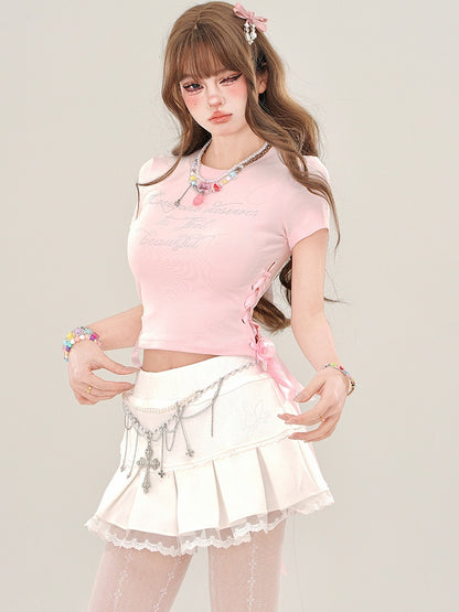 Pink/Black Rhinestone Letters Lace-up Detail Crop Top