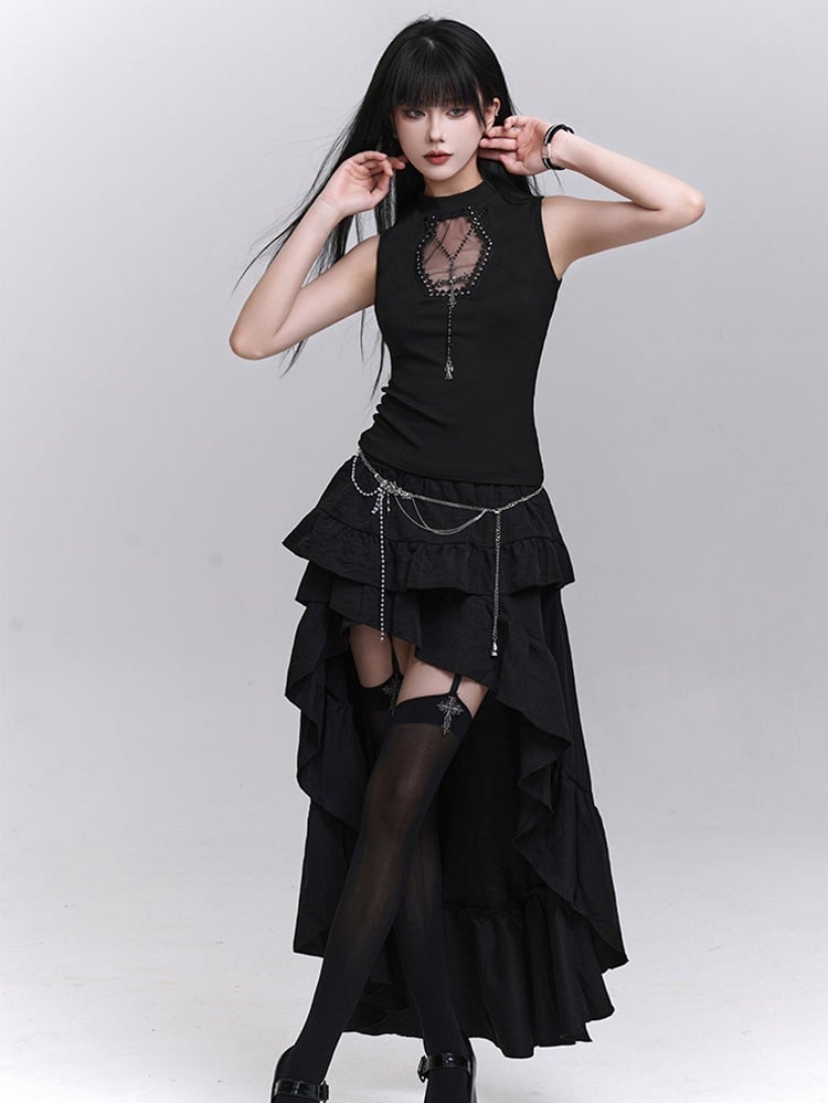 Necklace Tank Top Cross Coffin-Shaped Cutout Black with Studded Free
