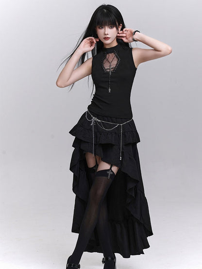 Necklace Tank Top Cross Coffin-Shaped Cutout Black with Studded Free
