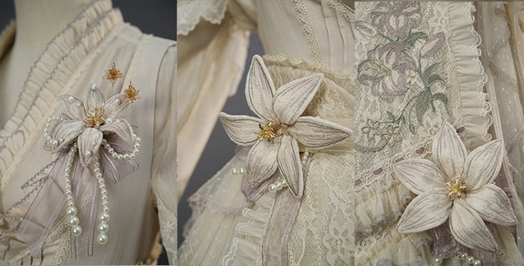 ブルー/パープル/グレーのビーズディテールのユリのブローチ