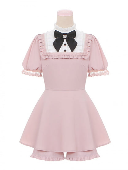 Pink Ruffle Neckline Lace Cuffs Dress Ruffle Trim Shorts