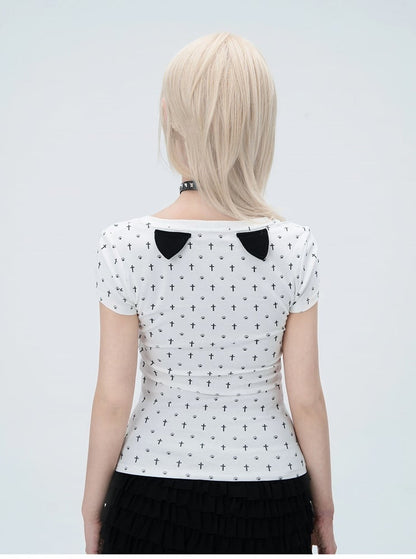 Cat Paw Print Cat Ears Gothic and Back at White Cross Detail T-Shirt Allover Pastel