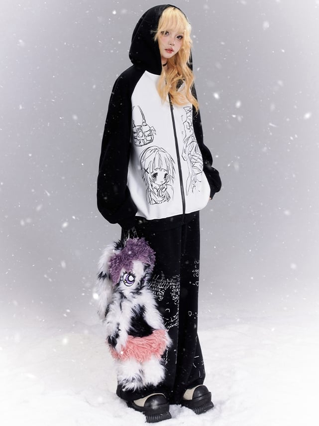 Black and White Manga Girls Print Colorblock Zip Hoodie