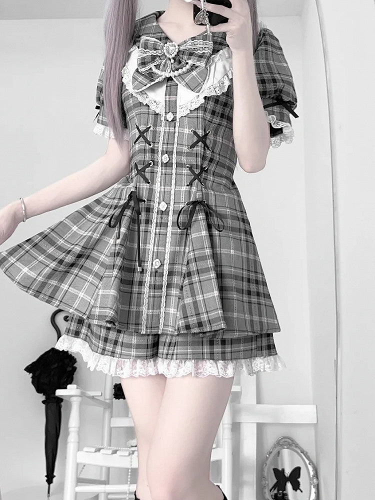 Gray Kei Plaid Waist Rhinestones Jirai Mini Dress+Shorts Embellished Set Lace-up Details
