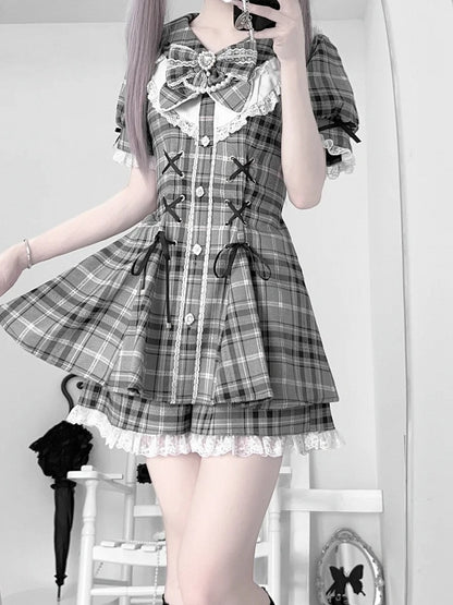 Gray Kei Plaid Waist Rhinestones Jirai Mini Dress+Shorts Embellished Set Lace-up Details
