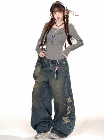 Holes Distressed Blue Wide-leg Jeans Cut Denim