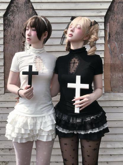 Gestufter Cross Skort Gothic Schwarz/Weiß Elastische Taille Spitzenbesatz Pumphose