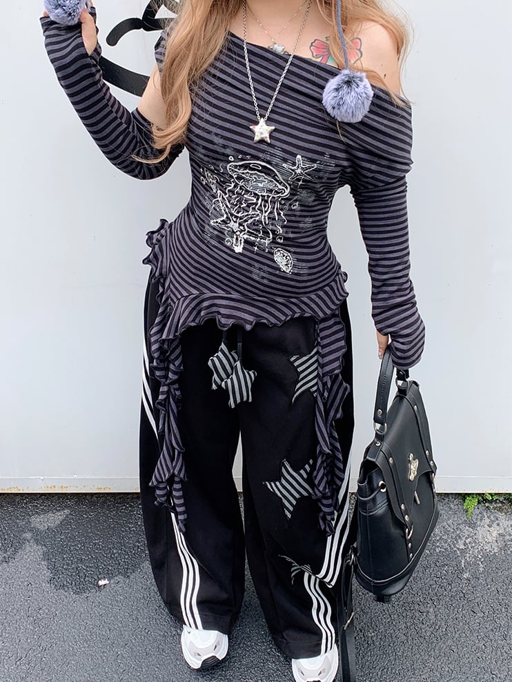 Size Black Wide-leg Casual Pants with Striped Star Appliques Plus Y2K