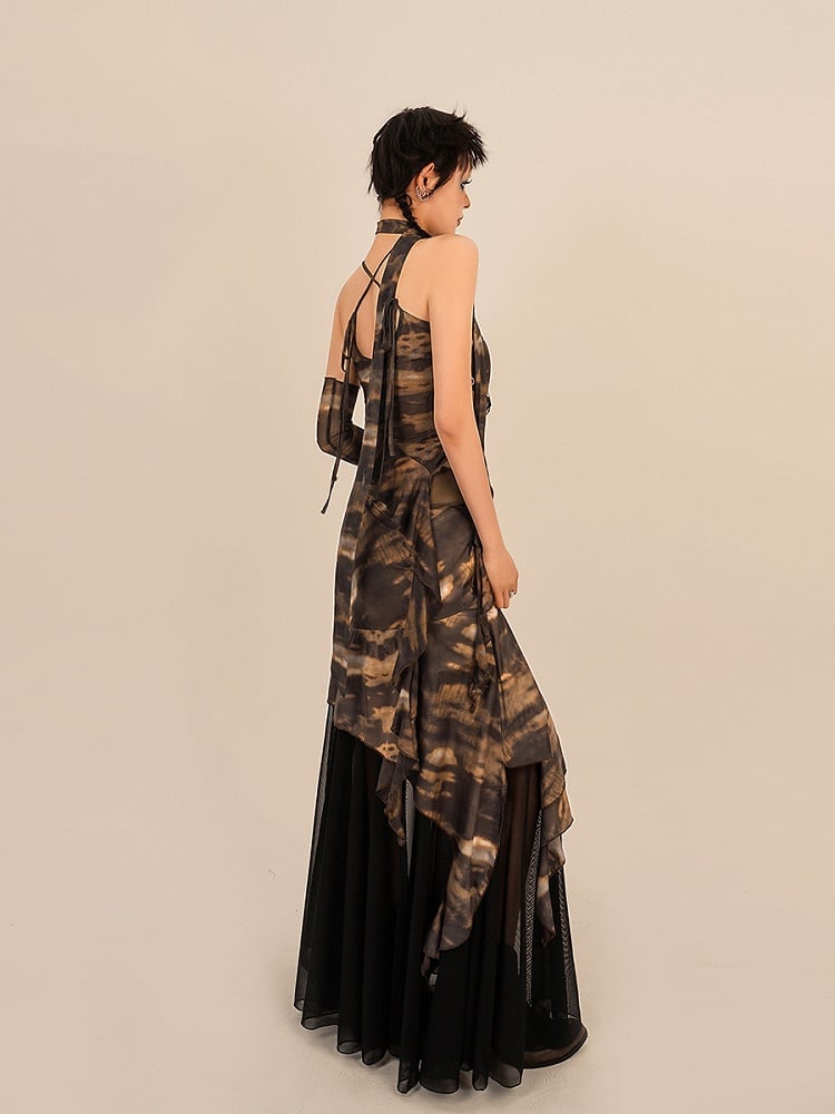 Tie-Dye Floor Length Coffee Punk Skirt with Black Mesh Lining