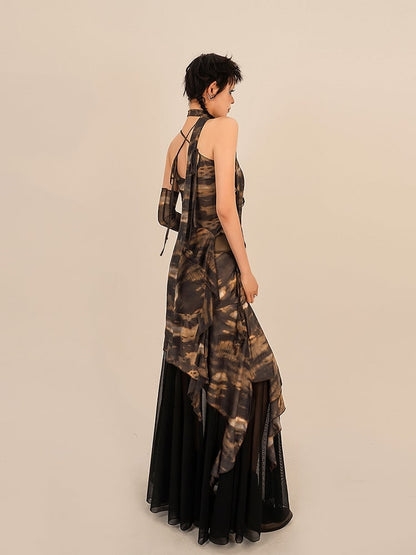 Tie-Dye Floor Length Coffee Punk Skirt with Black Mesh Lining