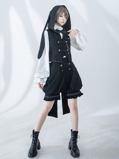 Black Oversized Bunny Ears Hooded Ouji Waistcoat