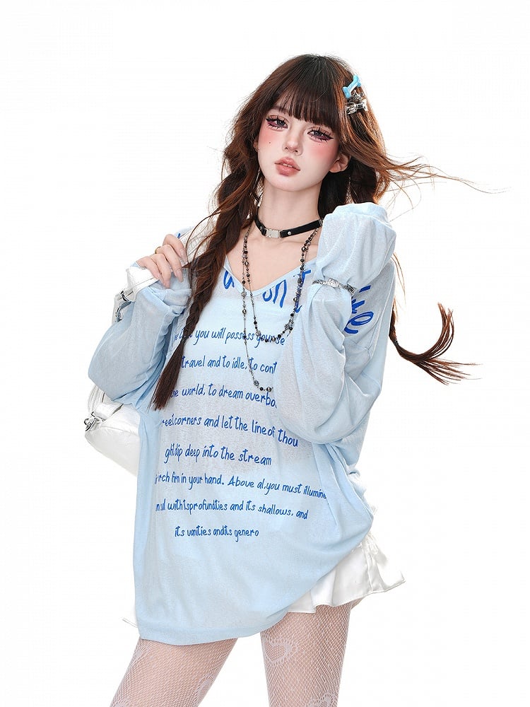 Black/White/Blue Semi-sheer V-neck Letter Loose Hoodie