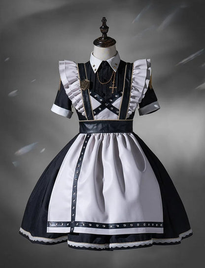 Dress Short Military Full Lolita Flutter Sleeves and Maid Apron Set Black