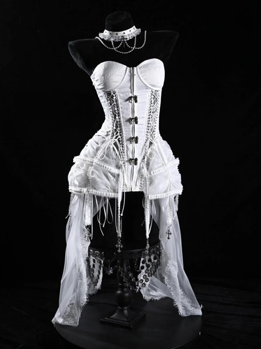 White Goth Style Birdcage Skirt and Bustier Corset Set