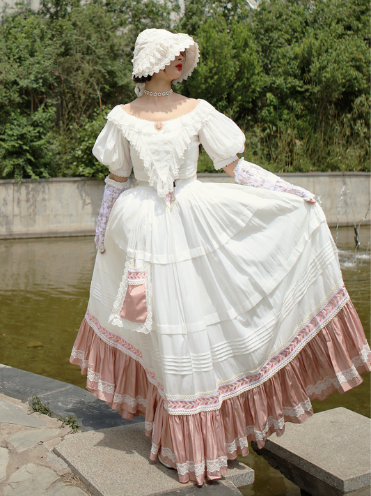 White Pink Lace Trim Flounce Hem Vintage Skirt