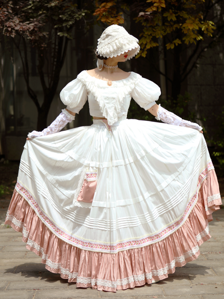 White Pink Lace Trim Flounce Hem Vintage Skirt