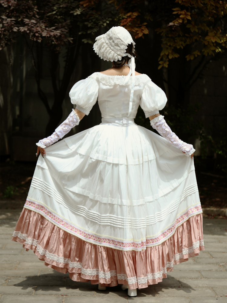 White Pink Lace Trim Flounce Hem Vintage Skirt