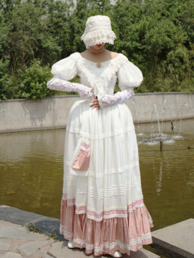 White Pink Lace Trim Flounce Hem Vintage Skirt