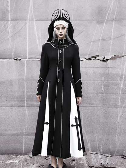 Black and White High Neck Gothic Woolen Coat