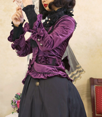 Dark Purple Lace-up Velvet Jacket and Black Vintage Skirt Set