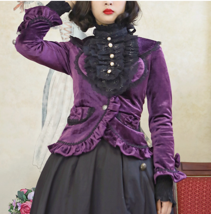 Dark Lace-up Ruffle Trim Velvet Vintage Jacket