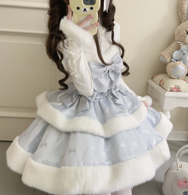 ブルーのスノーフレークリボンボディス冬用プラッシュトリミングストラップレスドレス