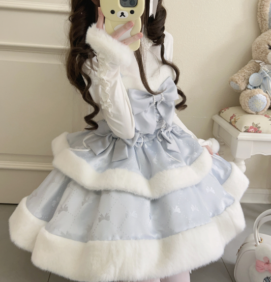 ブルーのスノーフレークリボンボディス冬用プラッシュトリミングストラップレスドレス