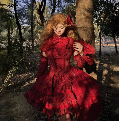 +トップセット クリーミーなエレガントバレエコアスカート ロリータ ハイローオーバーレイコルセット - ボーン入り