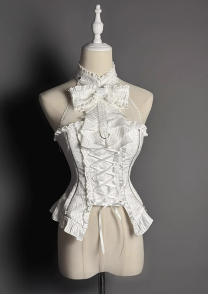 +トップセット クリーミーなエレガントバレエコアスカート ロリータ ハイローオーバーレイコルセット - ボーン入り