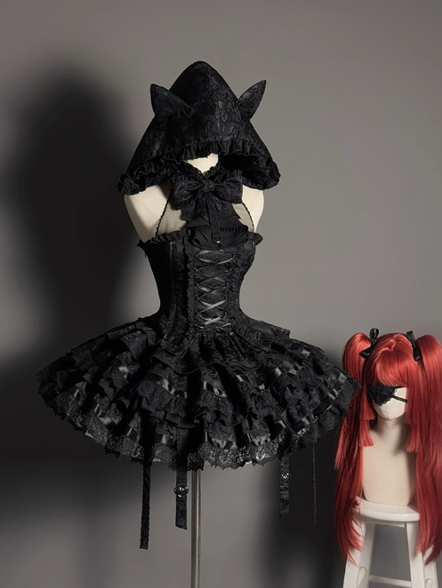 +トップセット クリーミーなエレガントバレエコアスカート ロリータ ハイローオーバーレイコルセット - ボーン入り