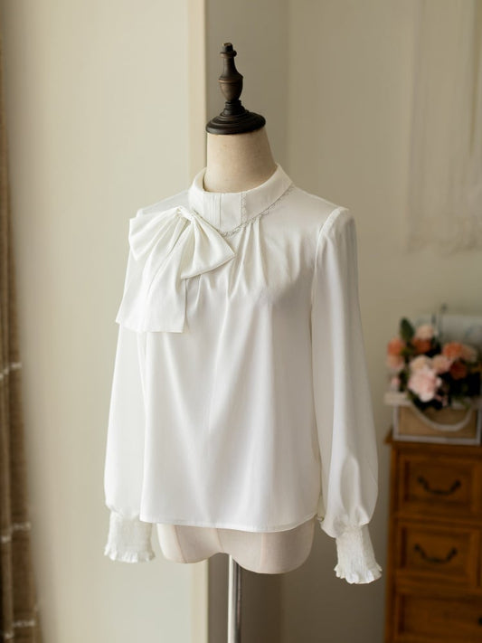 White Bowknot Detail Long Sleeves Classic Blouse