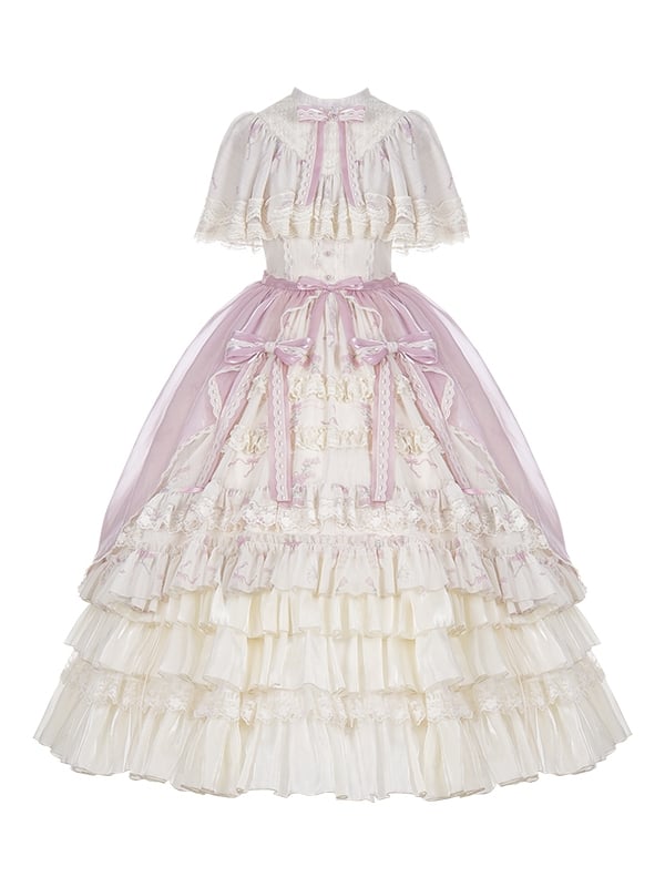 Set Classic OP Full Neck Beige Print Elegant Lolita Bluebell Edward Dress