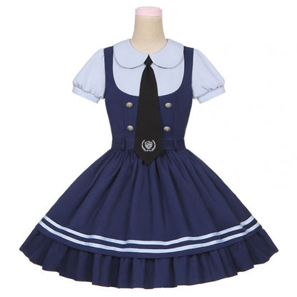 Robe bleu marine à col Claudine et manches courtes, faux deux-pièces