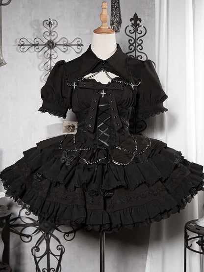 Black Gothic Short Jumper Skirt Adjustable Criss-cross Straps Waist