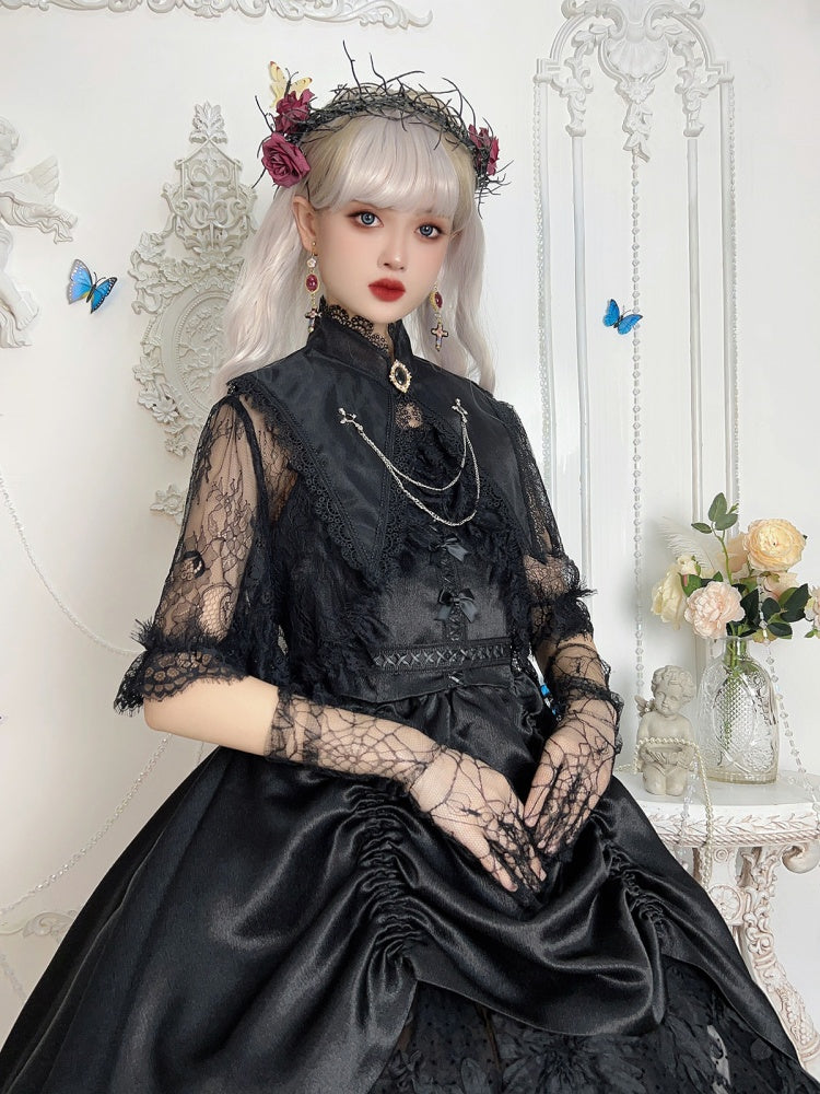 Black Gothic Lolita Pointed Collar with Cross Chain Decoration