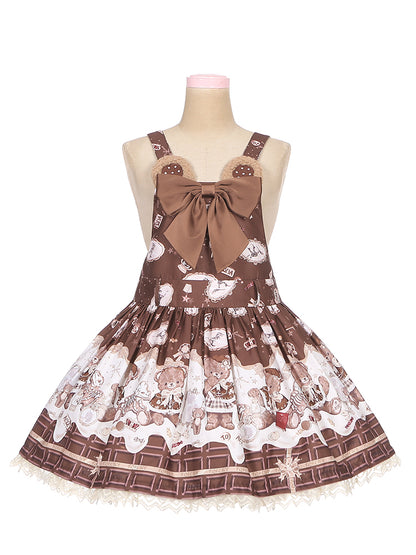 Coffee Chocolate Teddy Bear Lace Trim Big Bow Sweet Lolita Dress Jumper Skirt