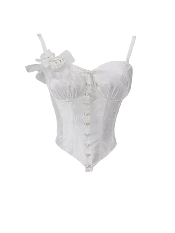 White Rosettes Brooch Boned Corset Top