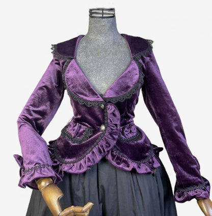 Dark Purple Lace-up Velvet Jacket and Black Vintage Skirt Set