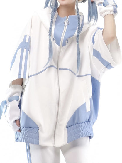 Light Blue and White Zip Up Front Sweatershirt Elbow-length Sleeves Tenshi Kaiwai Jacket