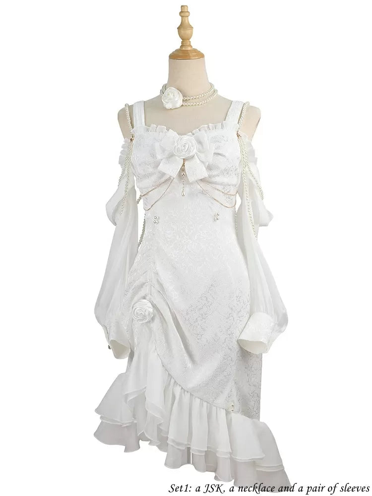 Rose Decoration Jacquard Hemline Mermaid Detail Ruffle JSK White Lolita Bead Camellia