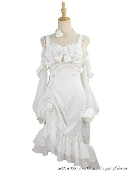 Rose Decoration Jacquard Hemline Mermaid Detail Ruffle JSK White Lolita Bead Camellia