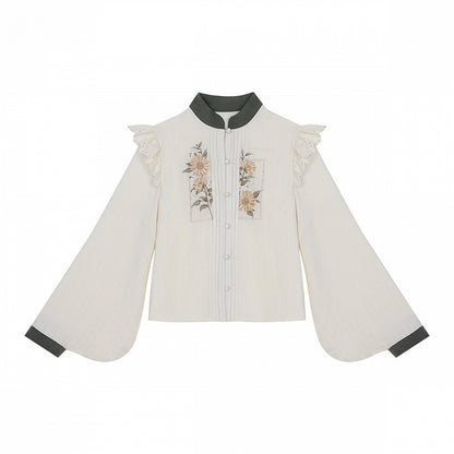 Sunflowers Embroidery Set + Tiered Sunflower Blouse Skirt Green with Charm Beige