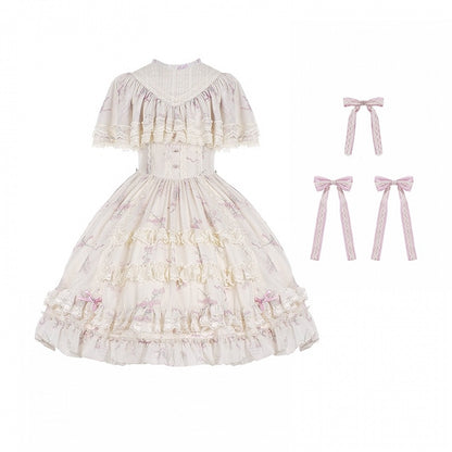 Elegant Dress Bluebell Neck Edward Beige Print Classic Floral Lolita